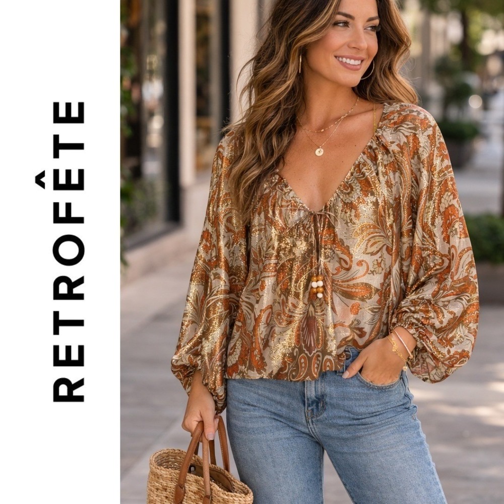 Retrofete, XS Silk Metallic Paisley Peasant Blouse Orange Gold Beaded Boho Top